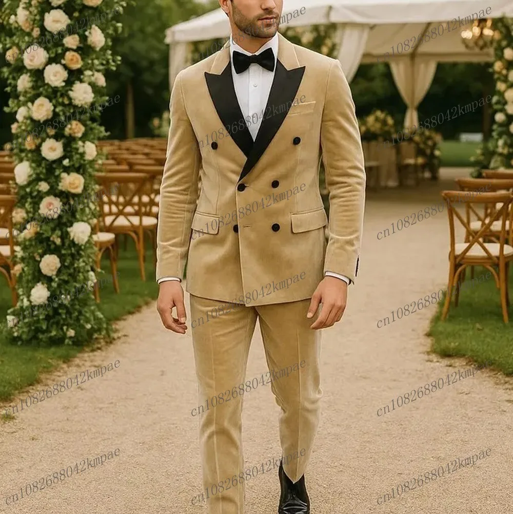 

New Black Collar Beige Velvet Men Formal Tuxedos Groom Groomsman Wedding Party Prom Male Business Suit 2 Piece Set Blazer Pants