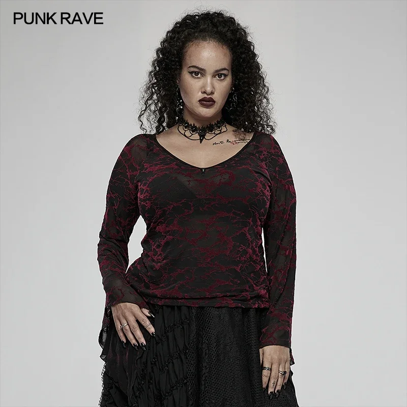 

PUNK RAVE Women's Daily Gothic V-neck Sexy Mesh T-shirt Scarlet Abstract Pattern Flared Cuff Top Bird Skull Decoration