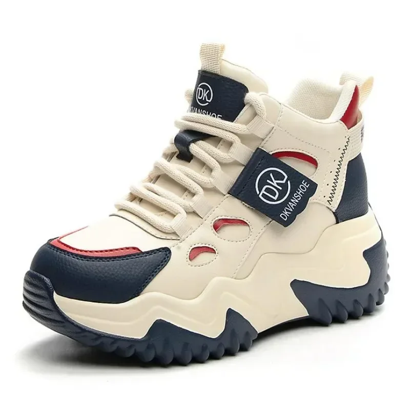 

Женские массивные кроссовки из натуральной кожи 7 см, вулканизированные плюшевые ботильоны на танкетке, весенне-осенняя модная повседневная обувь на плоской подошве