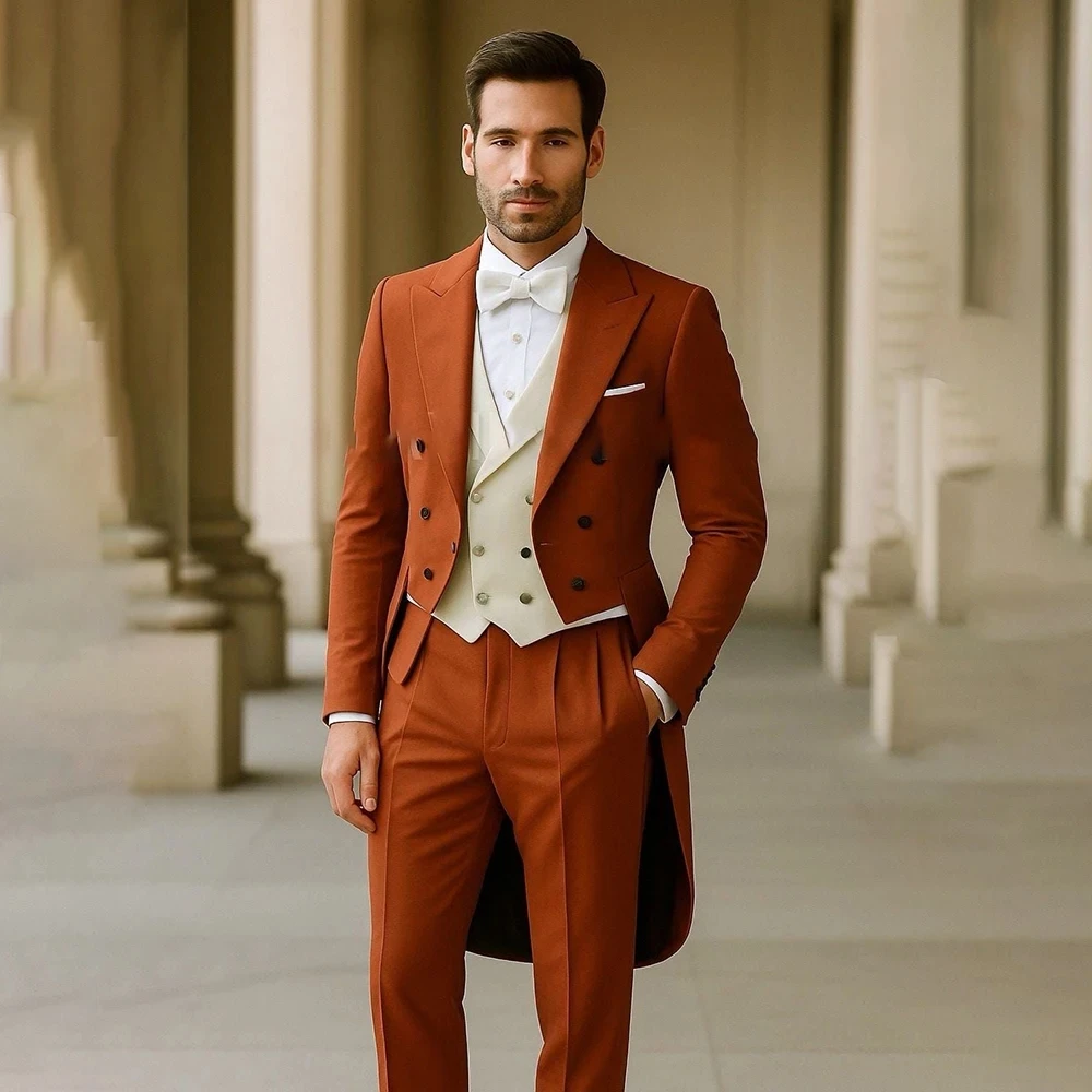

Fashion Men's Suits Slim Fit 3 Piece Jacket Pants Vest Double Breasted Peaked Lapel Male Clothing Tuxedo Costume Homme Terno