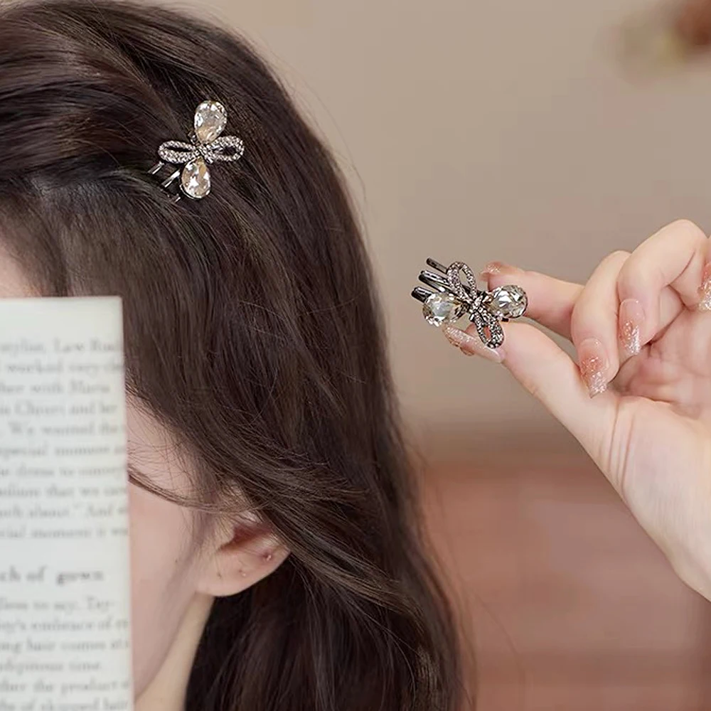 Sweet Full Rhinestone Crystal Hair Clips Retro Metal Hollow Bowknot Jaw Clamp For Thin Hair Side Bangs Women Girl Party Headwear
