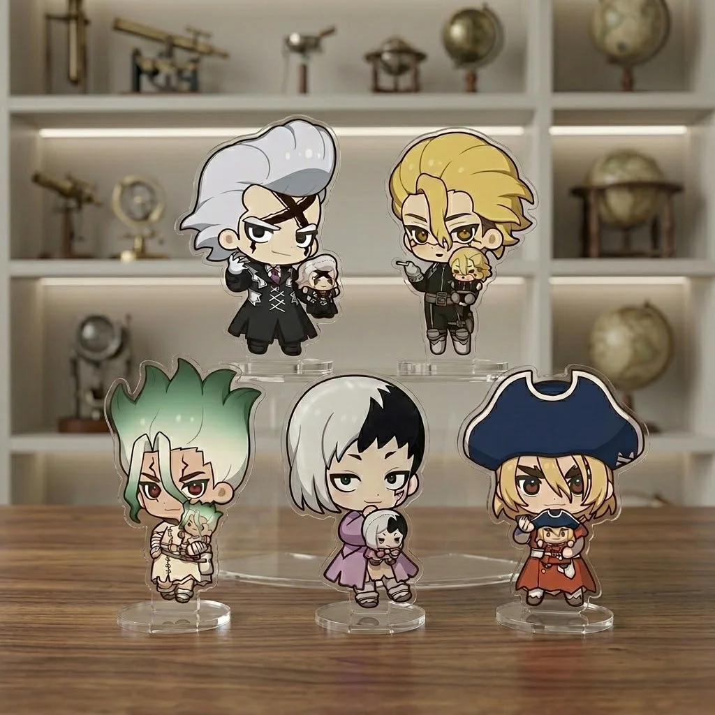 

8cm 5styles Q Dr.stones Hold A Baby Ver. Xeno Figure Cute Acrylic Stand Mini Stanley Snyder Standing Plate Ishigami Senku Toys