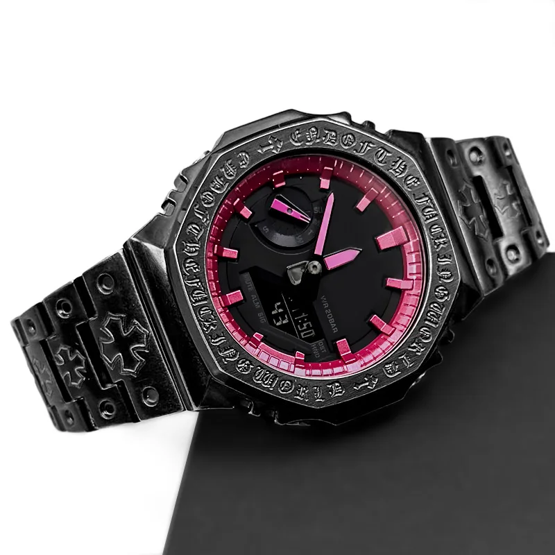 Modification kit for Casio GA2100 and GM2100 featuring retro engravings and C.H. patterns on stainless steel