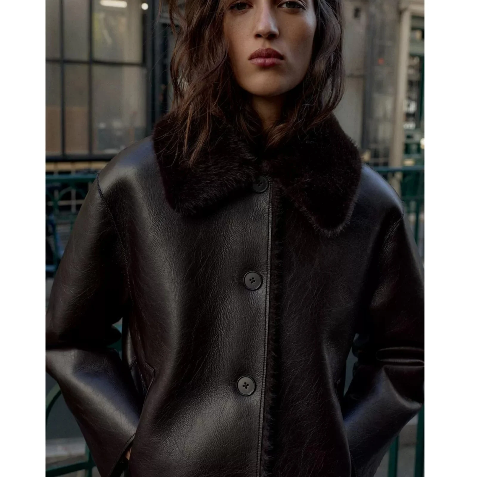 Autumn Winter Women's Casual Style Double-sided PU Leather Jacket Long Sleeve Turn-down Collar Coat Warm Short Length Polyest...