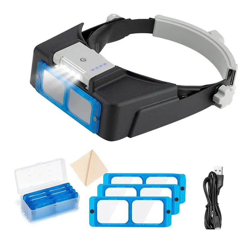 

B27B Headband Magnifier Rechargeable LED Light, Jewelers Optivisor, Hobbies Visor, Head Mount Glasses For Manicuring
