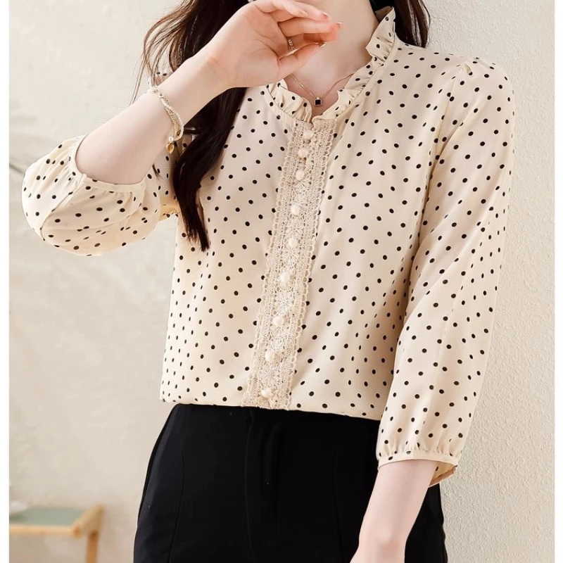 Women Clothing Fashion Polka Dot Plus Size Button Blouse Spring Autumn New O-neck Ruffles Loose Vintage Shirt Top Casual Elegant