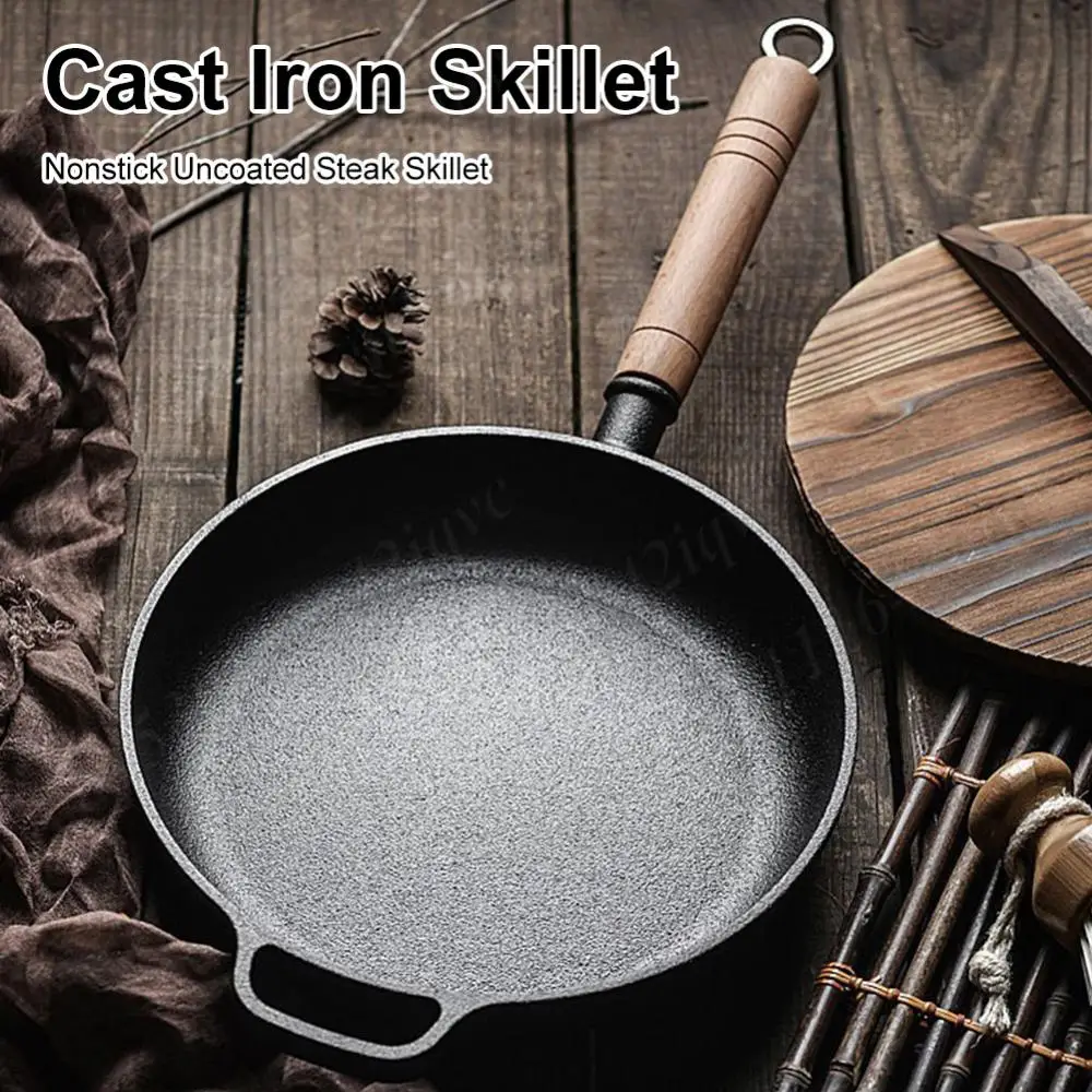 Cast Iron Pre-Seasoned Skillet with Wood Handle Nonstick Mini Frying Oil Drizzling Small Pot 22/24/26/28cm Mini Egg Frying Pan