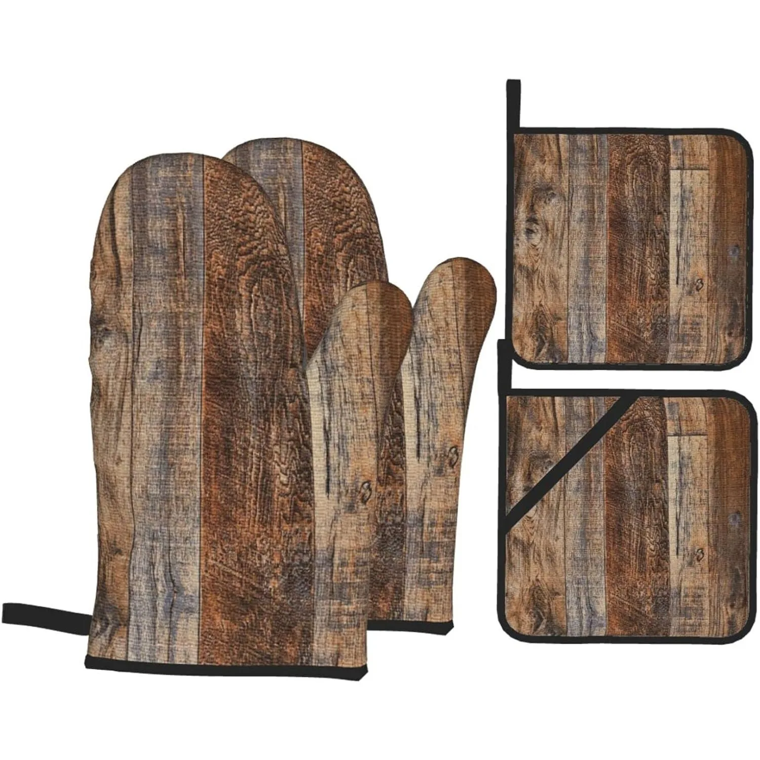 Oven Mitts and Pot Holders Sets of 4,Vintage Brown Wood Splicing Pattern,Oven Mitts Heat Resistant Oven Gloves Set Potholders