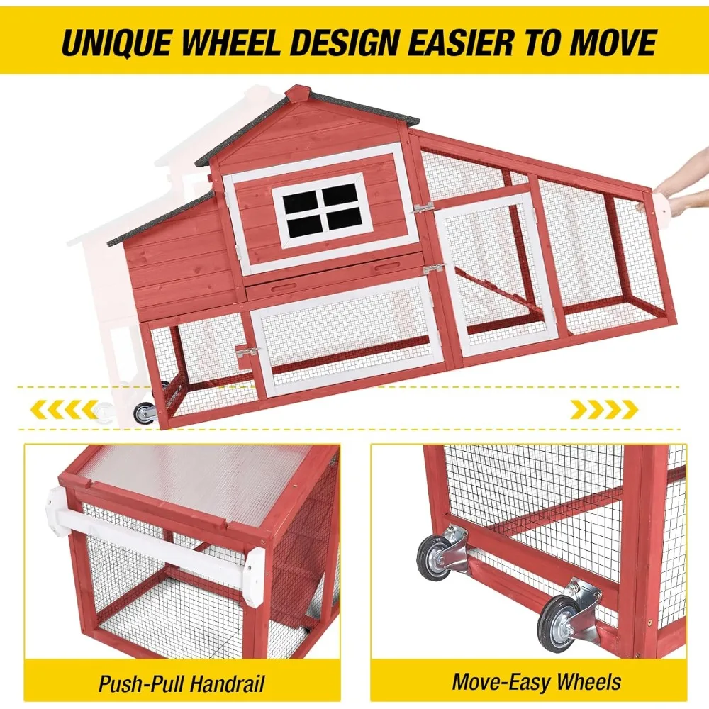 Chicken Coop Outdoor with Wheels, Mobile Hen House Wooden Poultry Cage with Run & Waterproof Roof (Red with White)