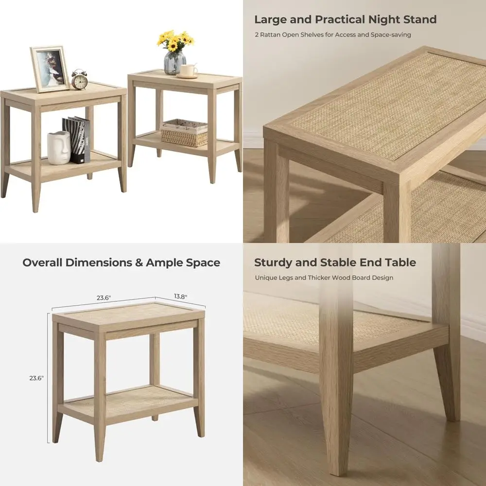 

Pair of Bohemian Rattan Nightstands - Slim End Tables for Living Room with Rattan Storage