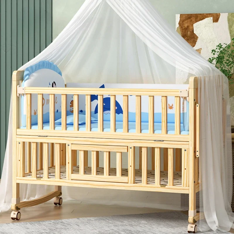 Solid wood multifunctional newborn children's bed Splicable environmentally Movable baby cradle bed with wheels baby nest bed