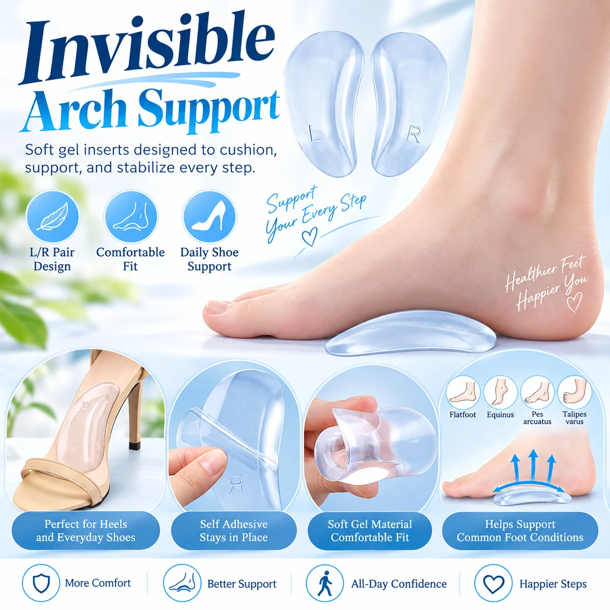 Gel Arch Support Cushions Comfortable Adhesive Insoles for Women Wear Resistant Pain Relief Blisters Prevention Anti Slip