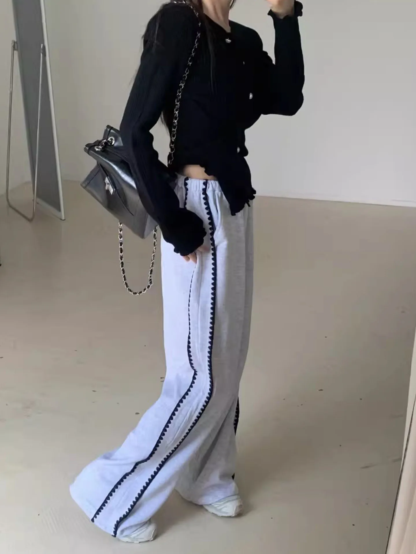 

High Waist Straight Leg Casual Pants Women's Spring New Loose Wide Leg Pants Sweatpants Floral Lace Side S Design