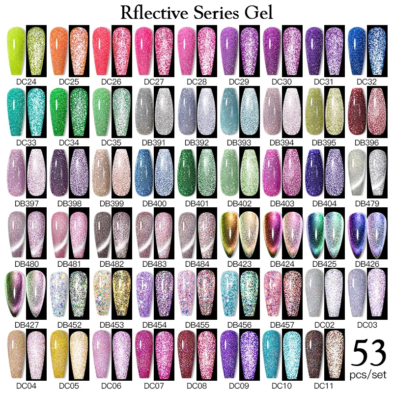 Mtssii Reflective Gel Nail Polish Set 60 Colors Semi Permanent Glitter Gel Soak Off UV LED Manicure Set With Base Matte Top Coat