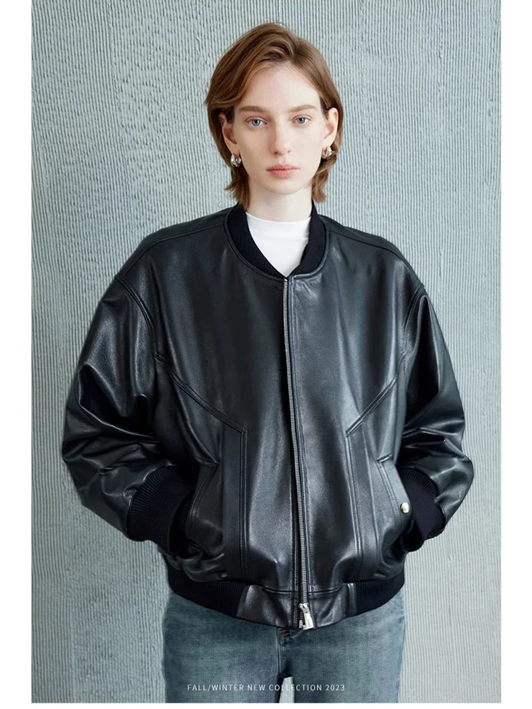 

Classic Black Genuine Leather Bomber Jackets for Women Spring Autumn 2026 New High-end Simple Retro Loose Real Sheepskin Coat