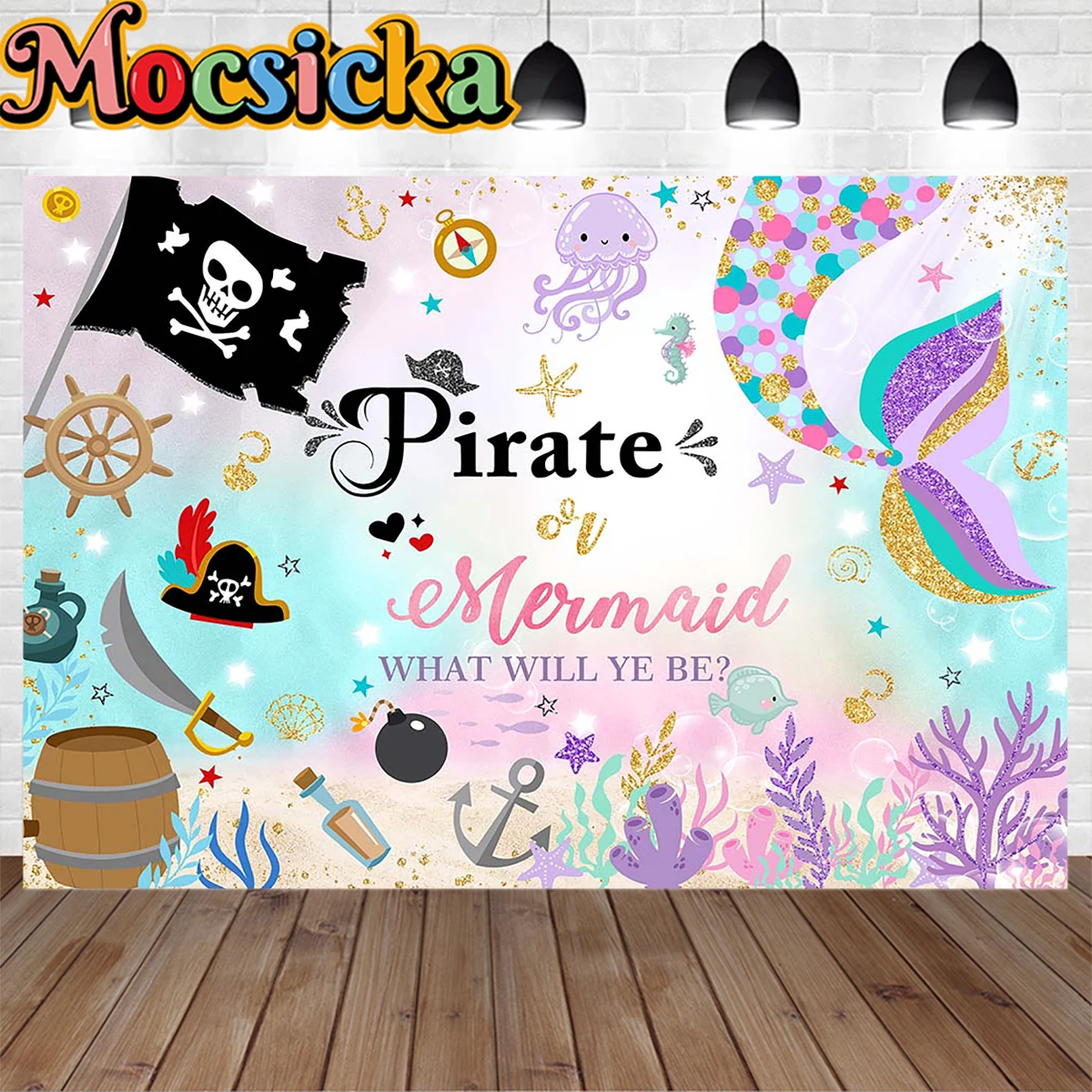 Pirate Prince or Mermaid Princess Gender Reveal Party Backdrop Baby Shower Background Underwater Adventure Prop Newborn Photo