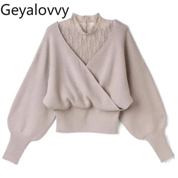 

Японский милый кружевной воротник в стиле пэчворк, искусственный двухсекционный элегантный утягивающий пуловер, свитер, женский вязаный топ с рукавами Pure Desire