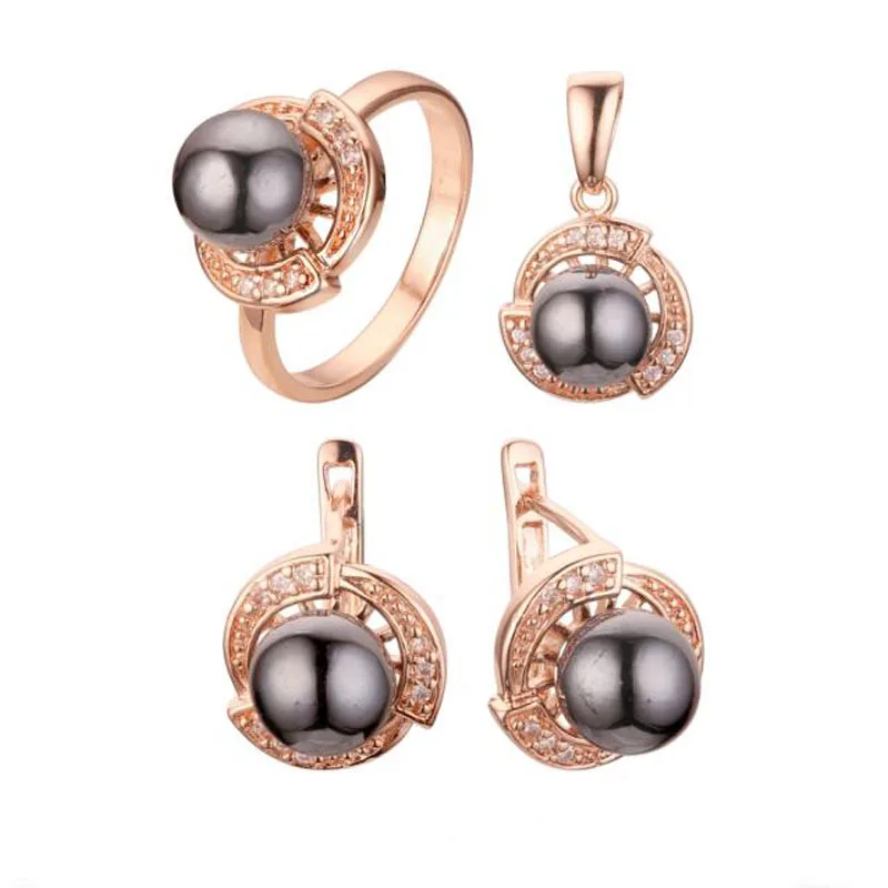 FJ Women 585 Rose Gold Color Black Simulated Pearl Pendant Earrings Rings Set Jewelry