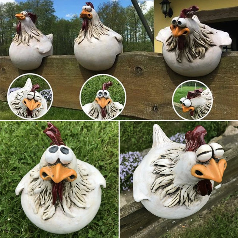 

1pc Chicken Sitting On Fence Funny Decor Garden Statues For Fences Or Any Flat Surface, Rooster Statues Wall Art Yard Art Sculpt