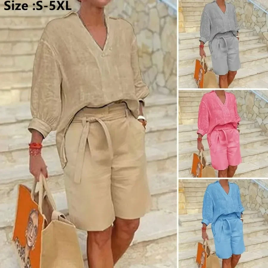 

New 2025 Women's Oversized Cotton Linen Casual Sets Retro Female Homewear Set Fashion Tops and Pants Sets 2pcs Pajamas Set Woman