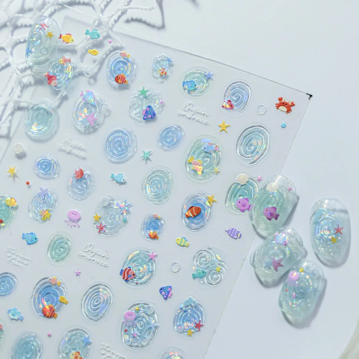 Clear Fresh Ocean 5D Nail Stickers Summer Seaside Resort Colorful Small Fish Bubble Starfish Octopus Manicure Nail Decor DIY