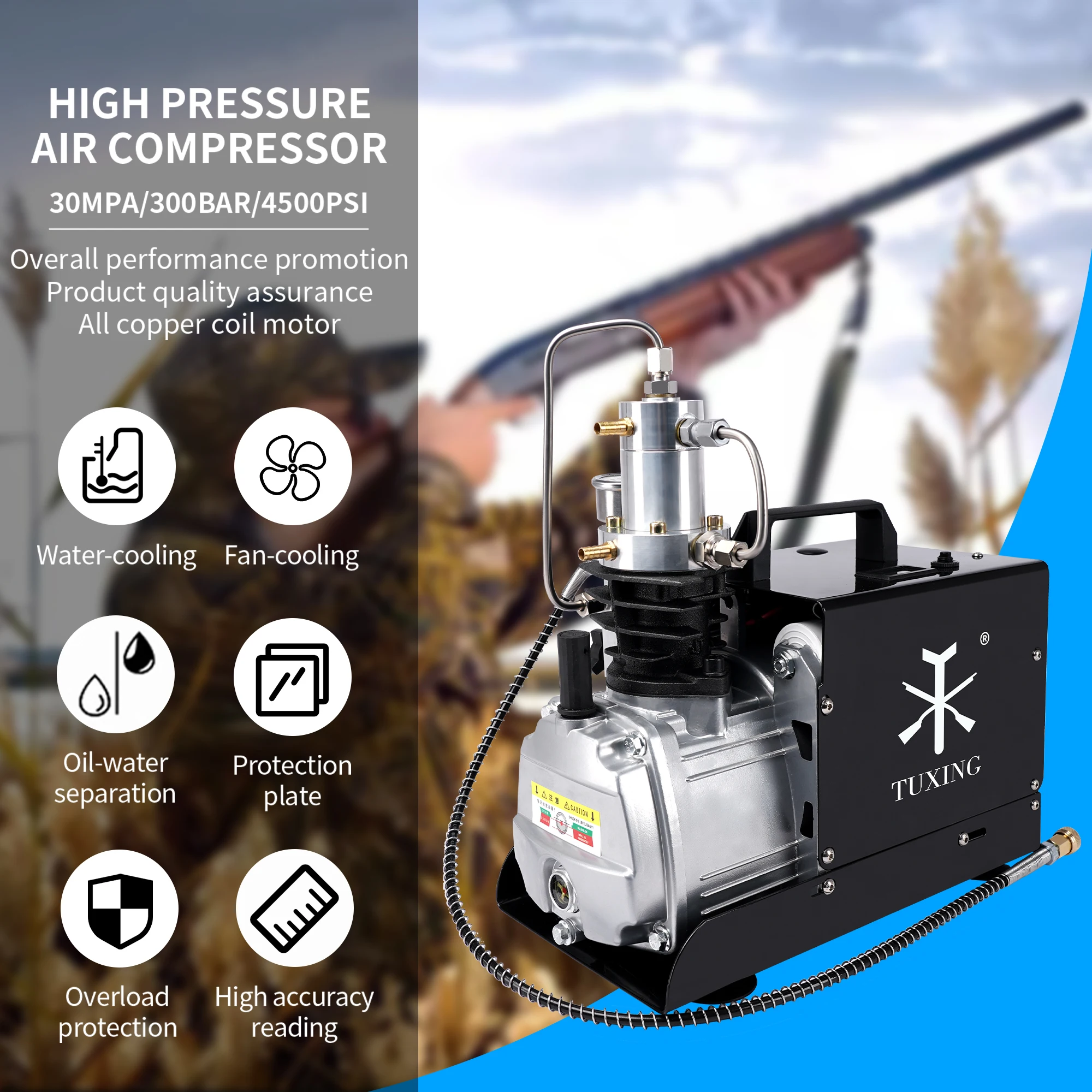 TUXING 4500Psi PCP Air Compressor 300Bar High Pressure pneumatic Compressor with Water Circulation System for Rifle Scuba Diving