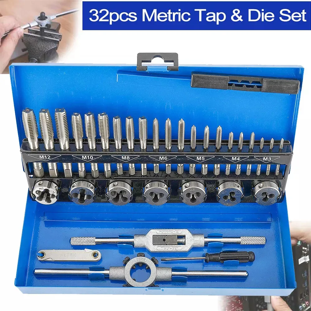 32 Piece Metric Tap And Die Set Wrench Cut HSS Pitch Gauge M3 M4 M5 M6 M8 M10 M12 Taper Intermediate and Plug Repair Tool