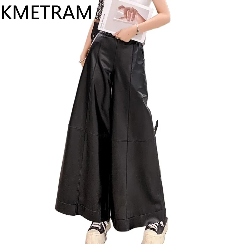 KMETRAM 100% Top Layer of Sheepskin Women Pants 2025 Autumn High Waisted Pants Genuine Leather Wide Leg Trousers Woman Clothes