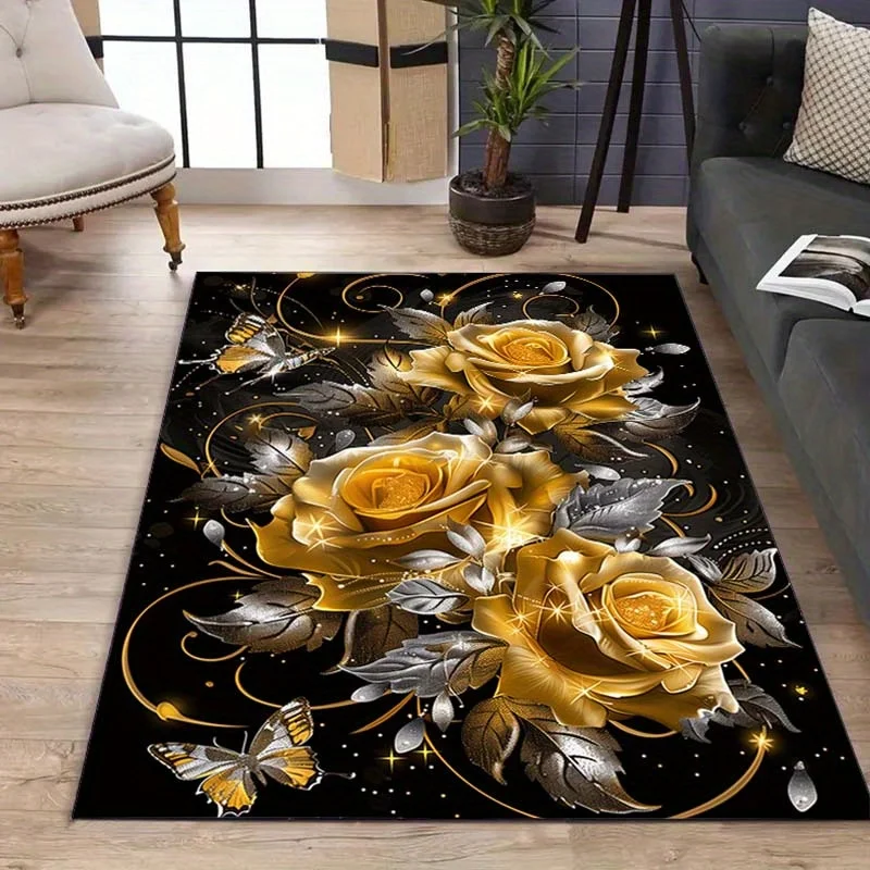 Golden Rose And Butterfly Print Flannel Rug Indoor Outdoor Soft Carpet For Living Room Garden Elegant Decor Artistic Design