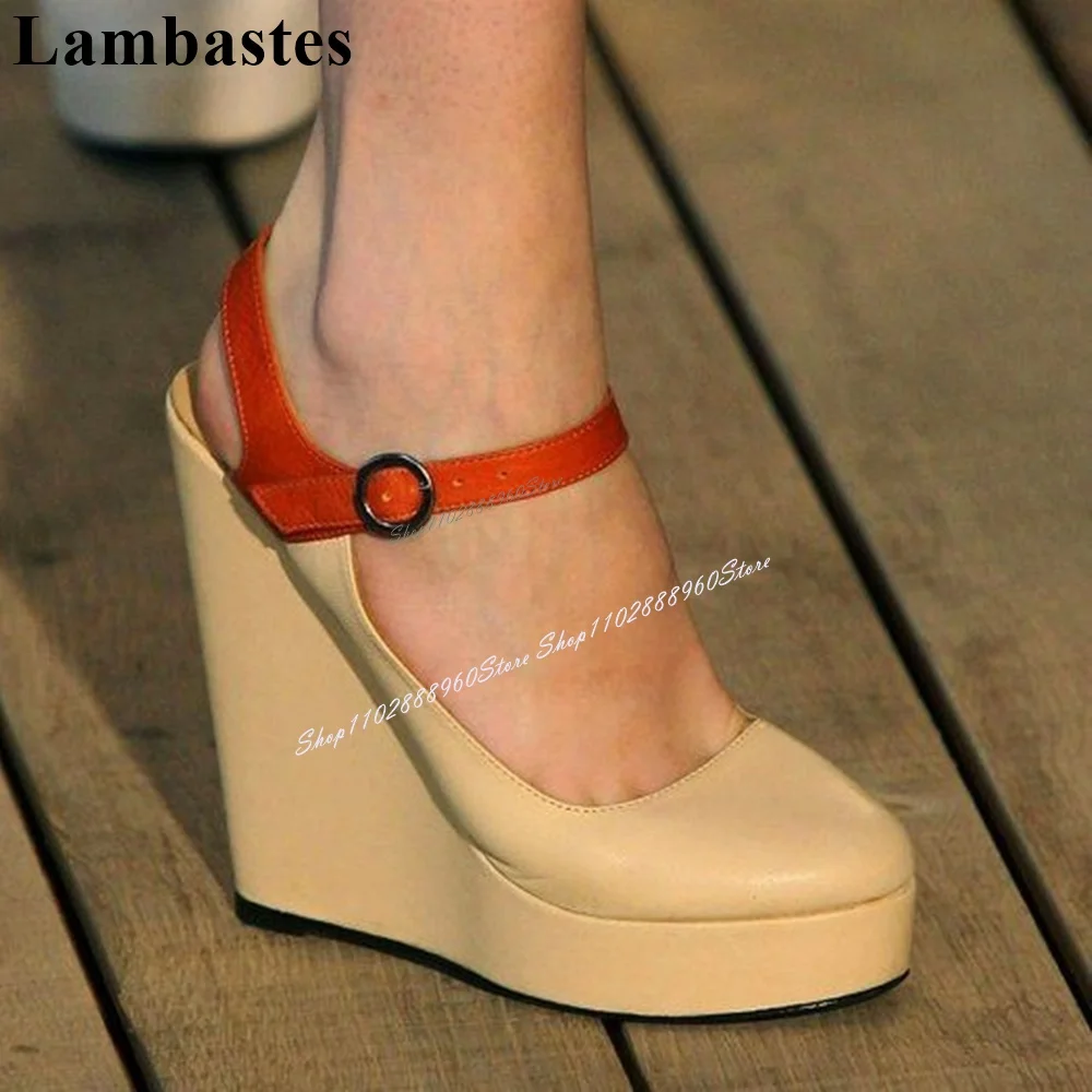 

Apricot Matte Leather Platform Pumps Cut Heel Wedges Heel Women Shoes Ankle Buckle Strap Round Toe 2024 Zapatos Para Mujere