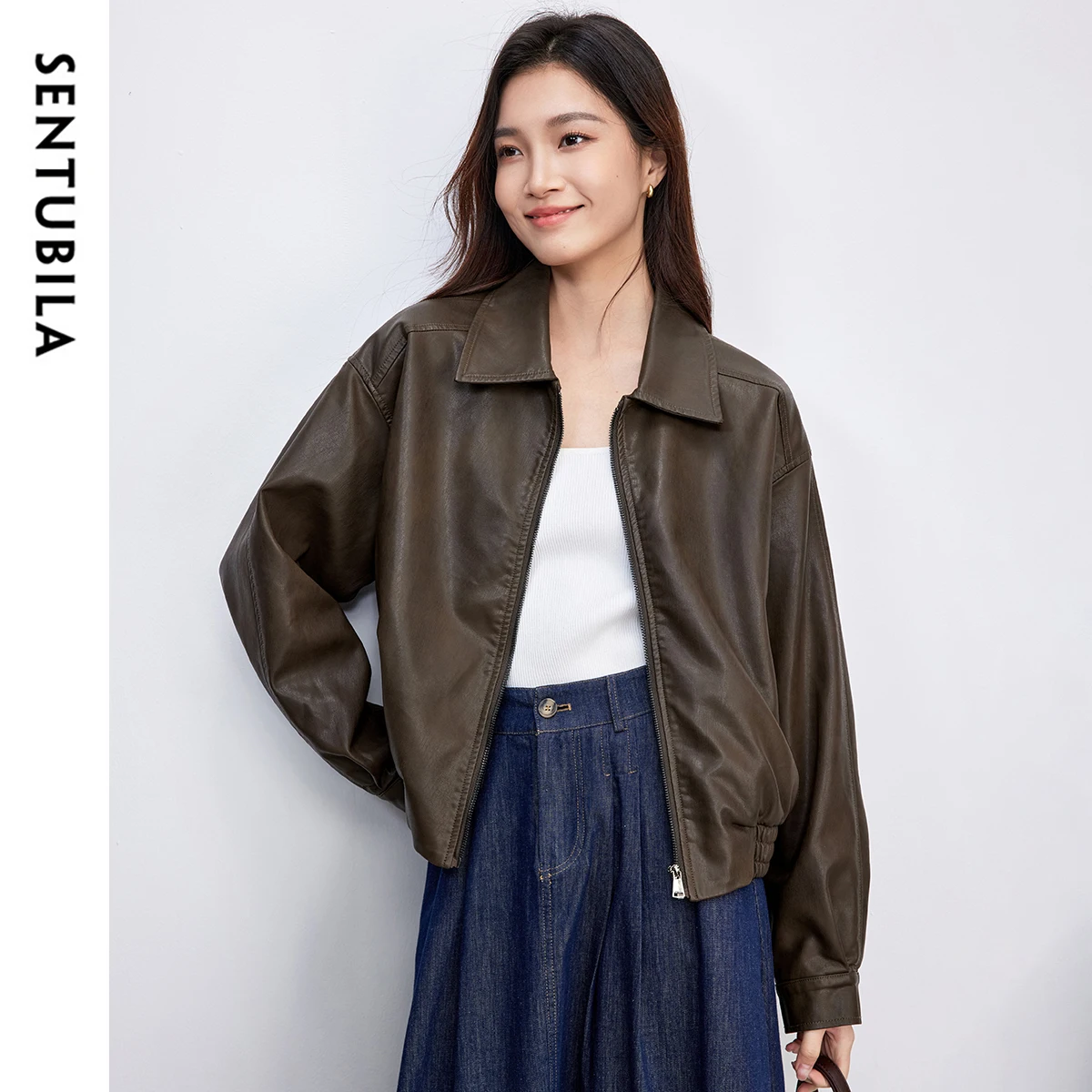 SENTUBILA Woman Leather Jacket 2025 Retro Commute Coffee Colour Turn Down Collar Zippers Windproof Motorcycle Pu Coats W51G73596