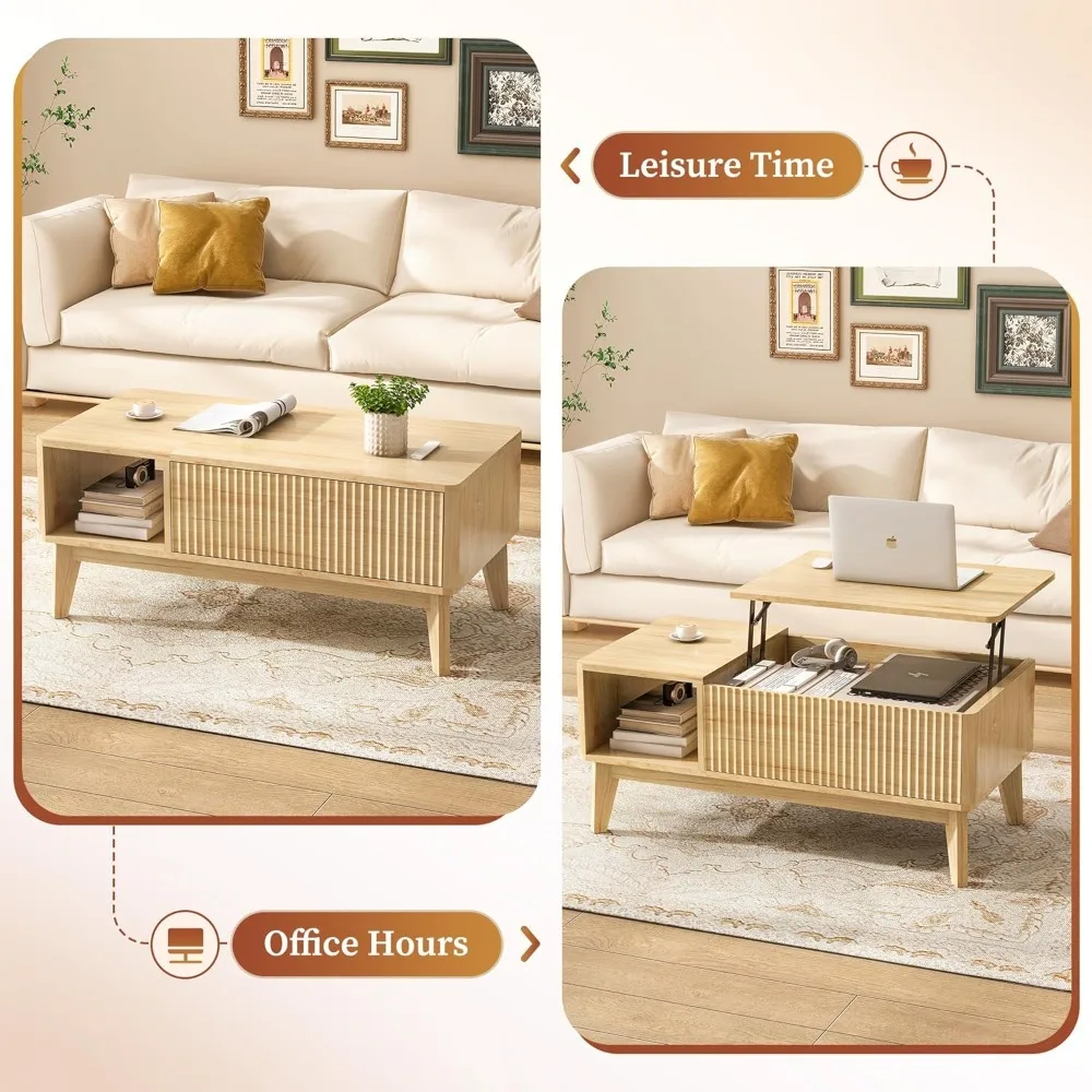 Mesa de centro elevatória canelada com compartimento oculto, mesa central moderna para sala de estar, escritório doméstico, natural