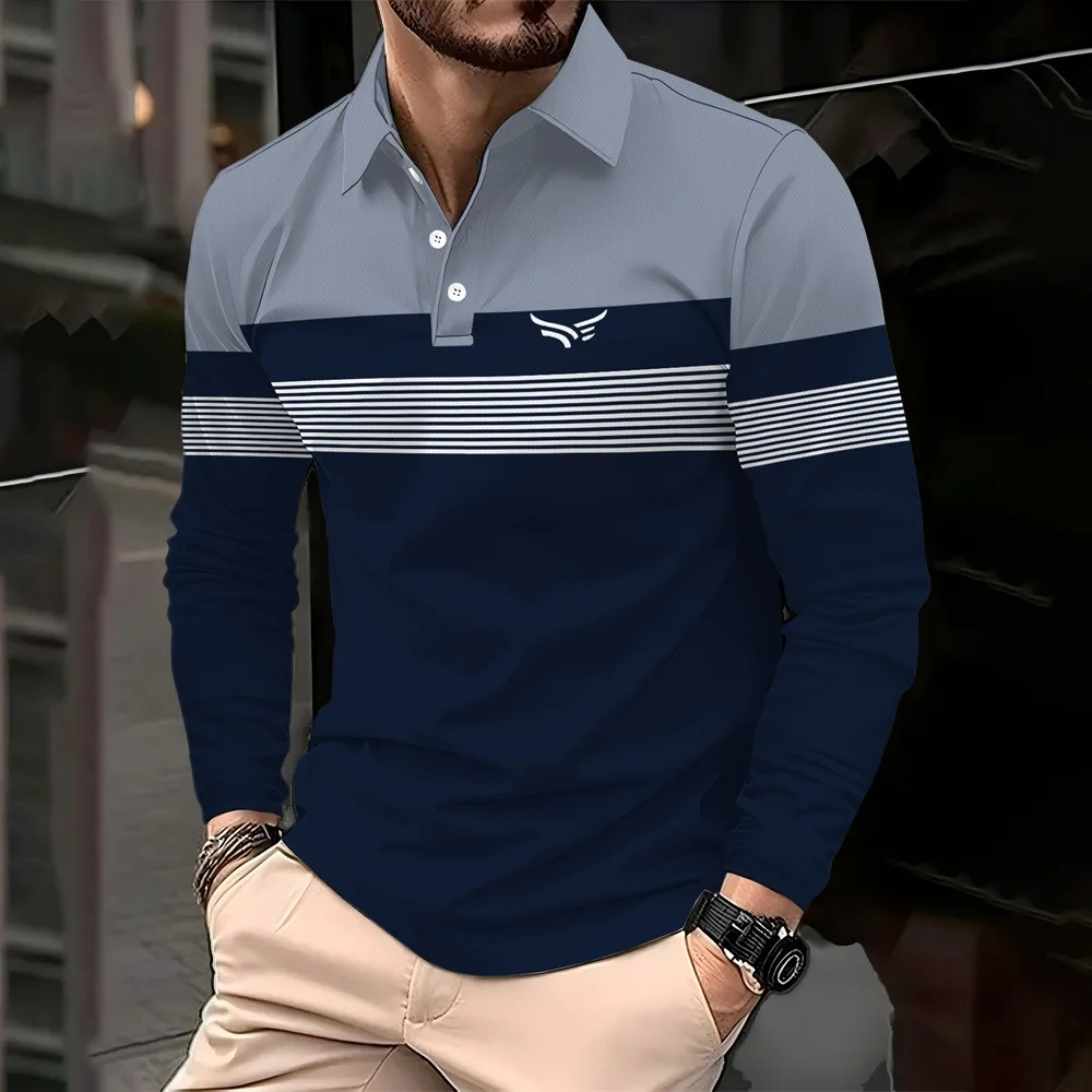 Business Casual Men Polo Shirts New Lapel Striped Button Contrast Color Streetwear Fashion Office Social Long Sleeve Tops