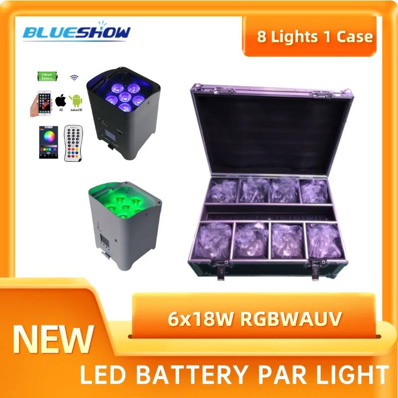 

8pcs LED Wireless Battery Powered Par Light 6x18W RGBWAUV 6IN1 with Flightcase Remote Control Portable Par LED Stage Effect