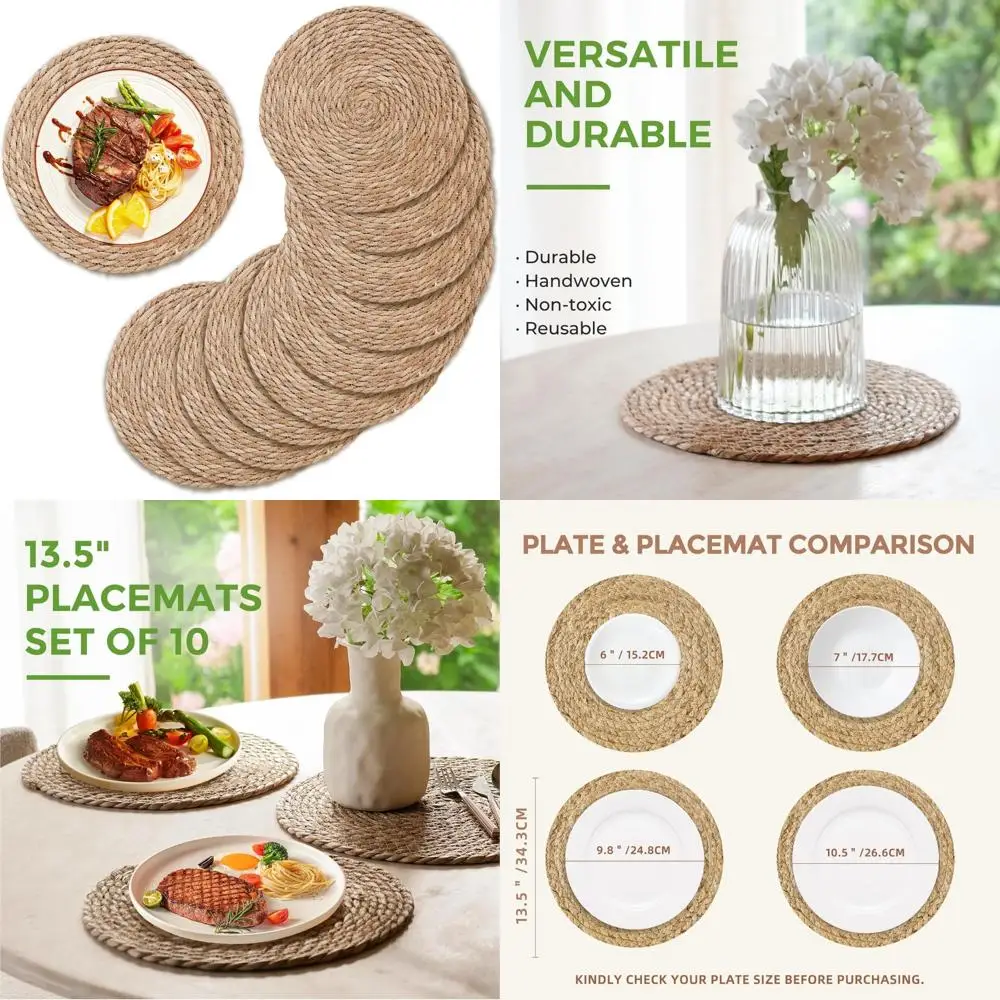 

13.5 in Round Woven Placemats Set of 10, Natural Rattan Placemats Boho Chargers for Dinner Plates, Farmhouse Rustic Place Mats W