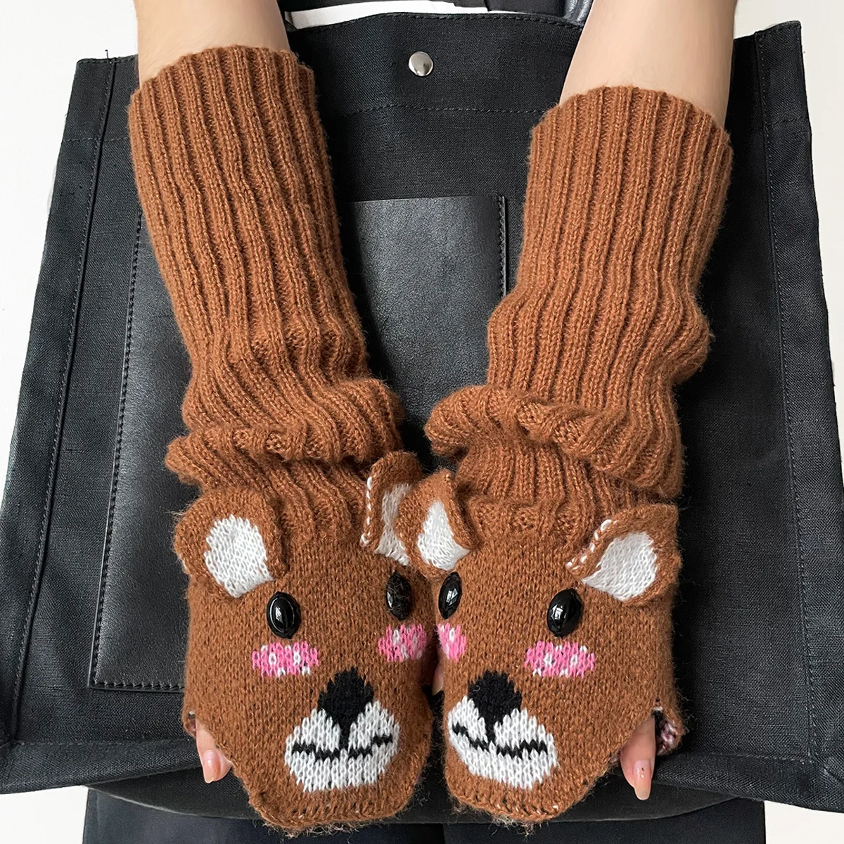 Cross-border autumn and winter new women's anti-cold and warm leisure outing three-dimensional bear knitted arm sleeve knitted