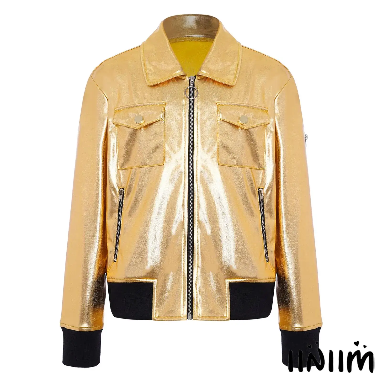 

Girls Jazz Hip Hop Dance Costume Zip-Up Metallic Jacket Turn-Down Collar Long Sleeve Contrast Color Coat Outerwear with Pockets