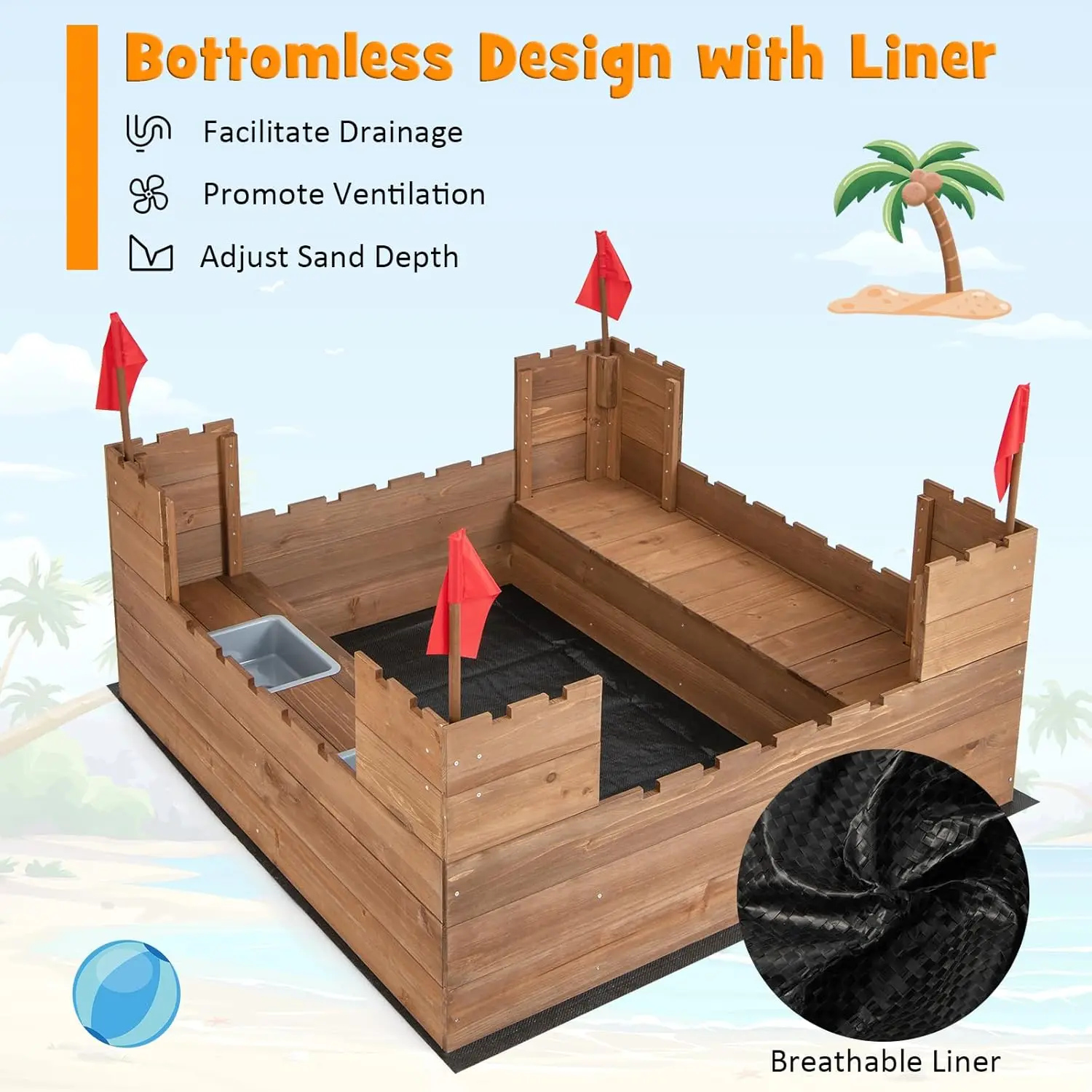صندوق رمل من خشب الأرز للأطفال مع مقاعد مدمجة ، وصناديق تخزين ، وأعلام وبطانة سفلية واقية ، حفرة رمال خارجية ، 45 × 45 بوصة