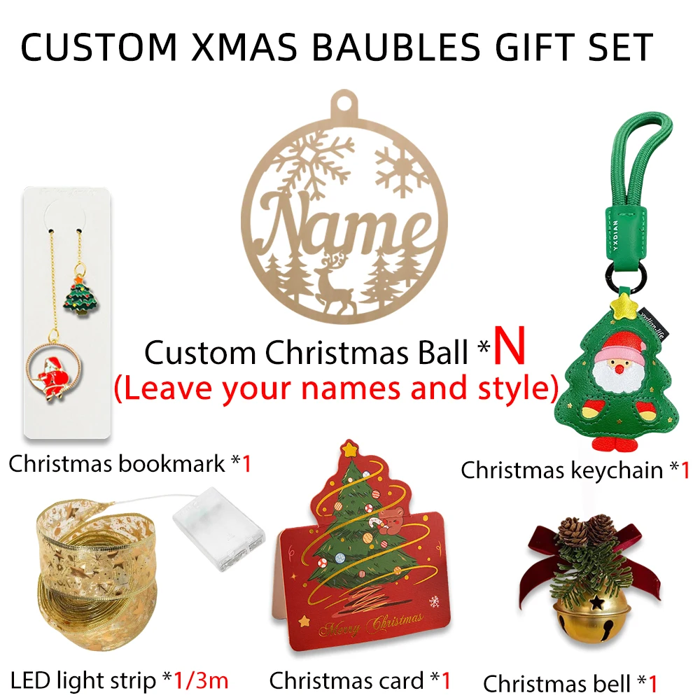 Custom Wooden Christmas Baubles Gift Set Personalized Name Xmas Bookmark Keychain Bell Card LED Light Strip Holiday Decor Gift
