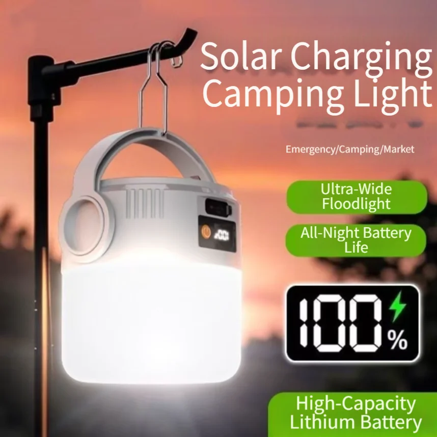Rechargeable Solar Camping Lantern LED Tent Light With LCD Display Waterproof Foldable Hook For Outdoor Use