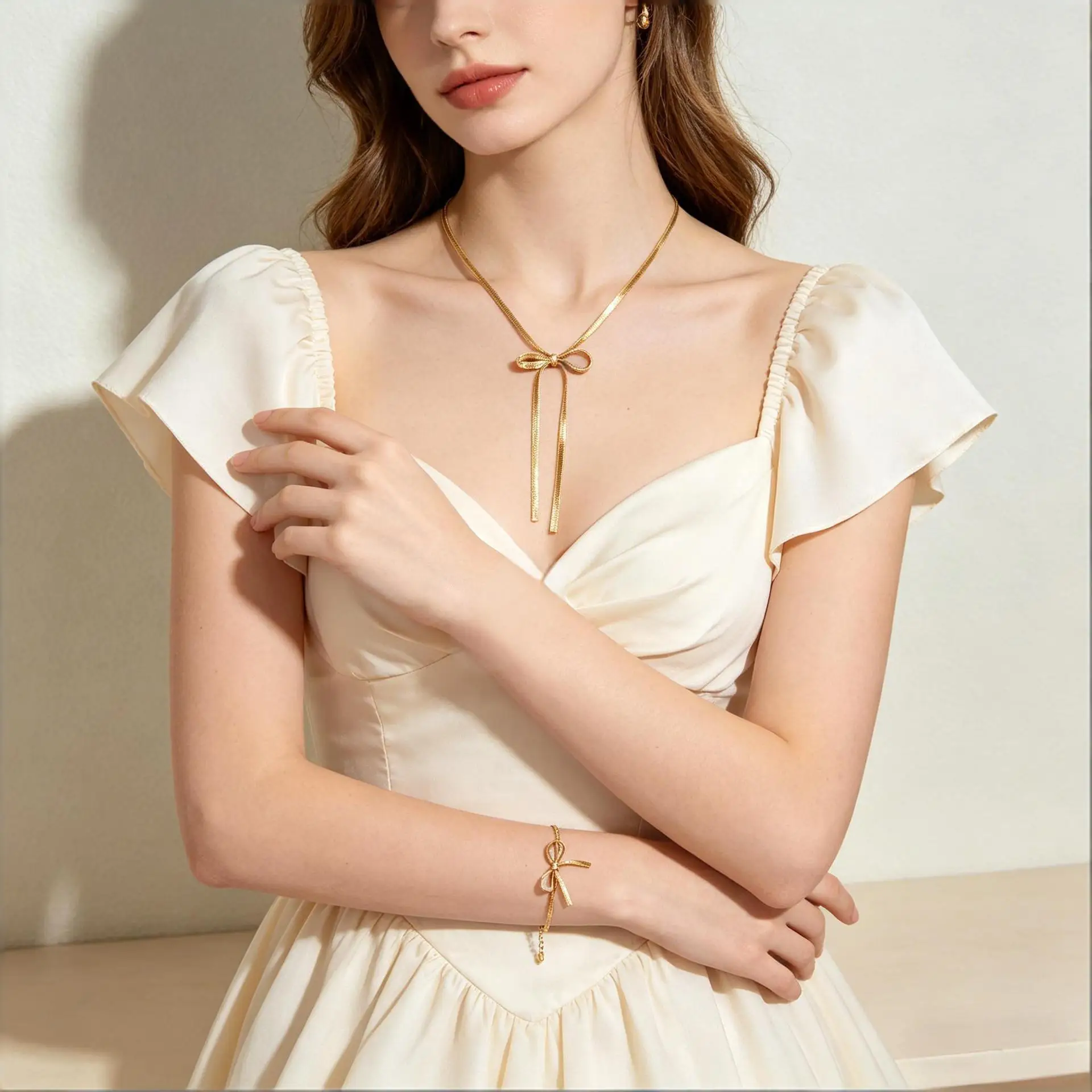 European and American cross-border necklace women's stainless steel high-end bow versatile simple niche 18K gold bracelet set