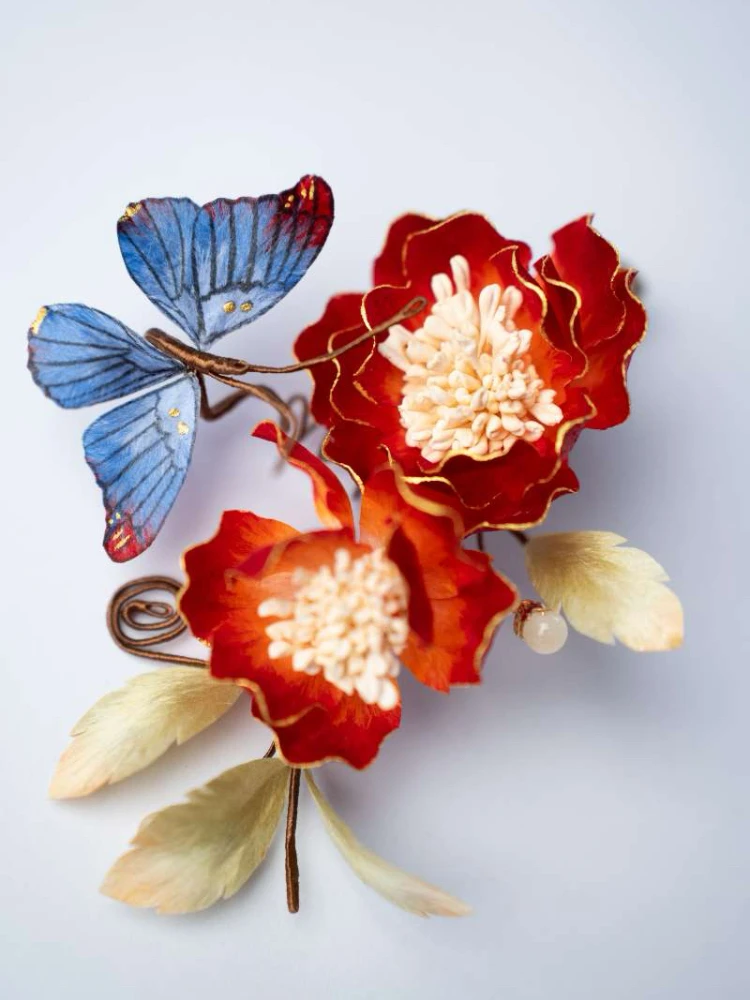 

Yuzhou Velvet Plum Flower Handmade Silk Wedding Hair Clip Red Peony Non-Edible Ornamental Hair Accessories for Brides