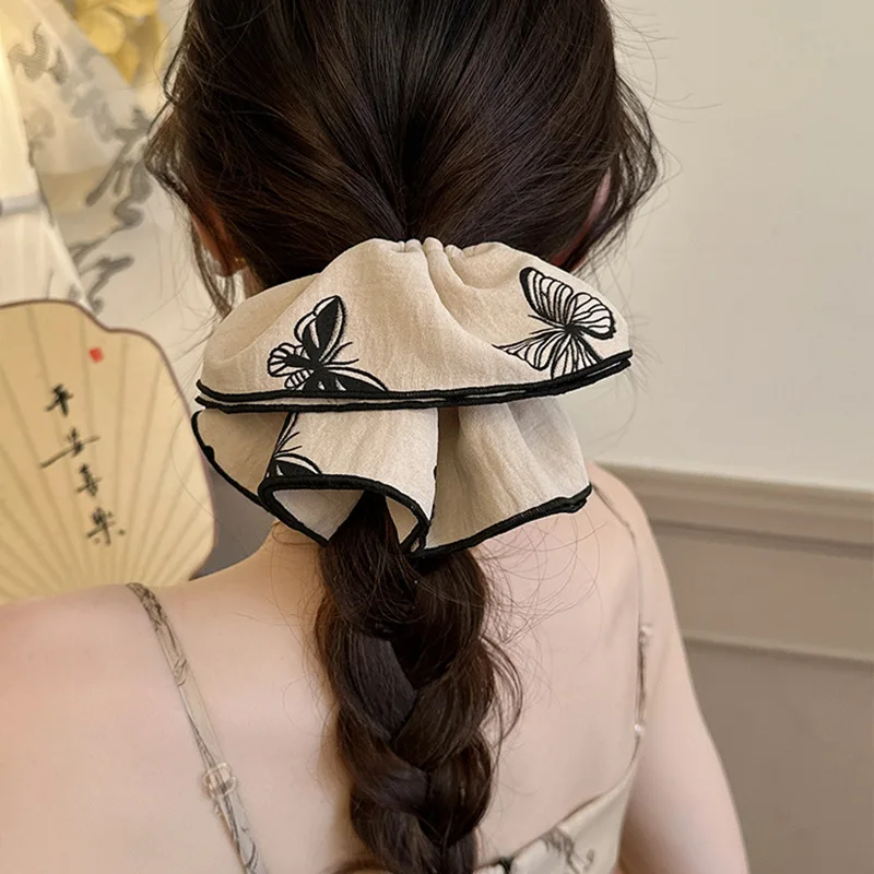 

Korean Woman Super Large Elegant Butterfly Print Elastics Hair Band Lady Scrunchies Hair Tie Girl Ponytail Hold Hair Accessories