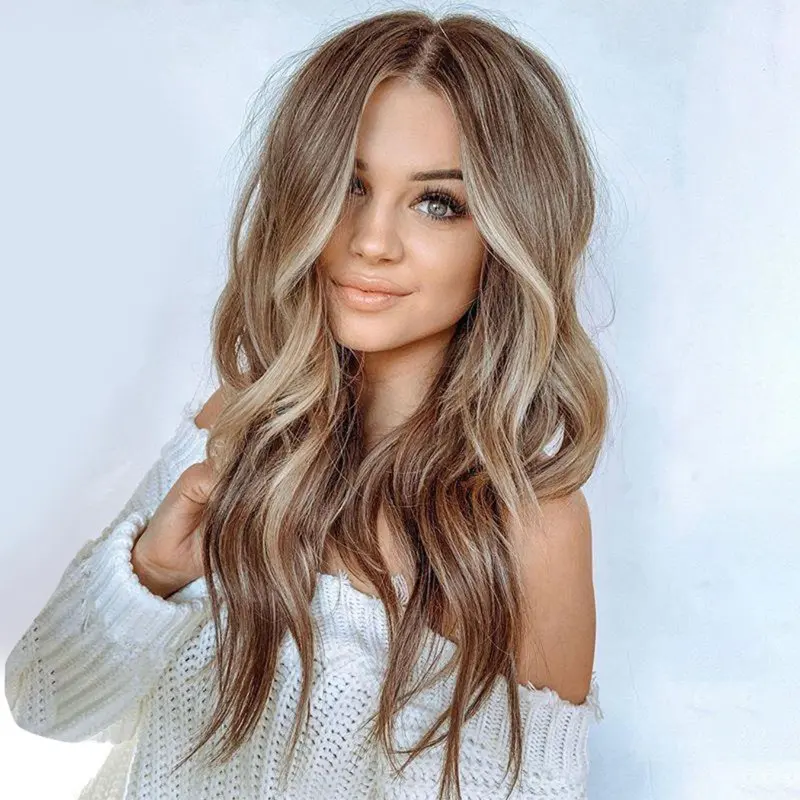 Brown Gradient Medium Length Curly Fiber Wig for Women - High Temp Silk Cover, Blonde/Brown 25.59 inches