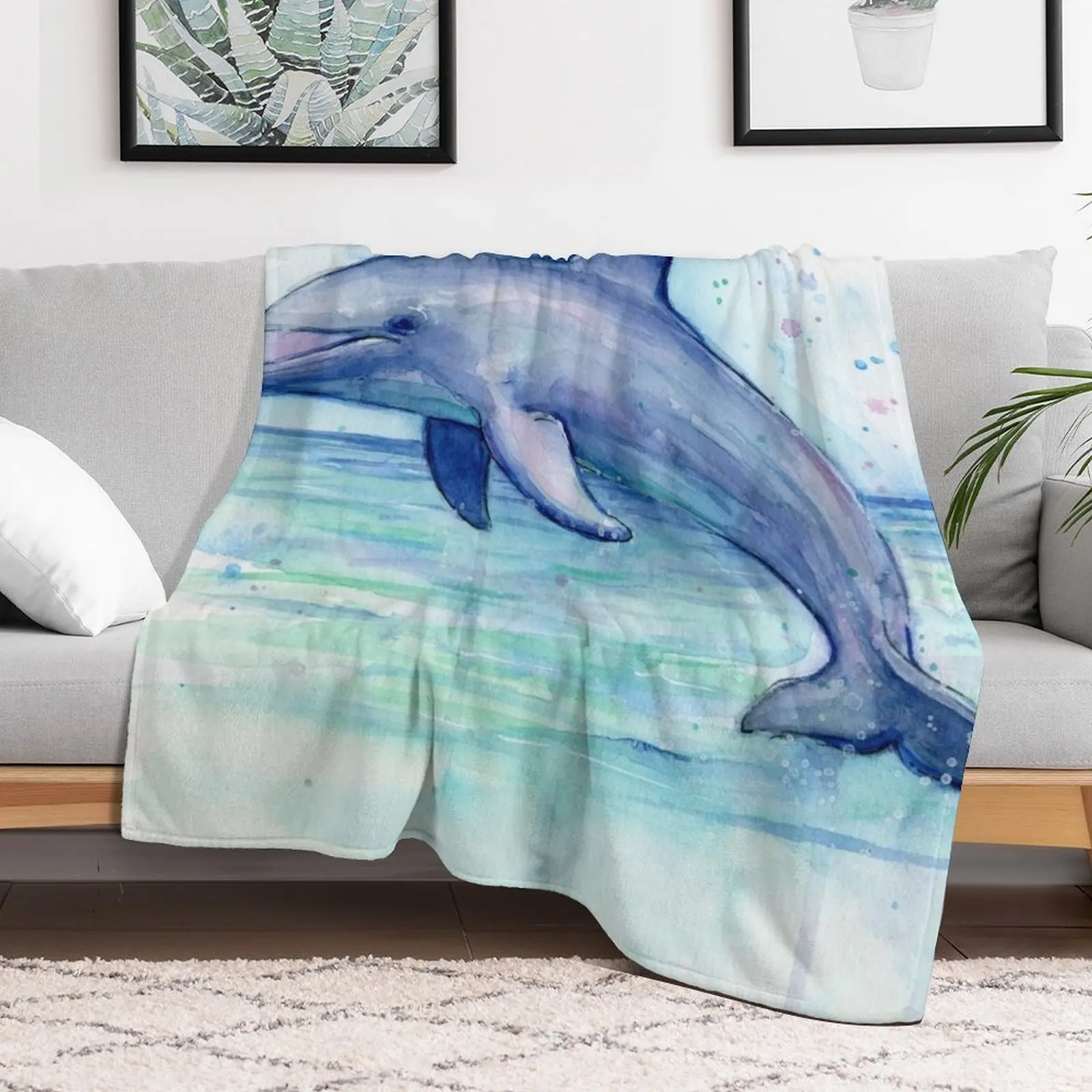 

Dolphin Watercolor Throw Blanket Bed covers Multi-Purpose halloween Blankets