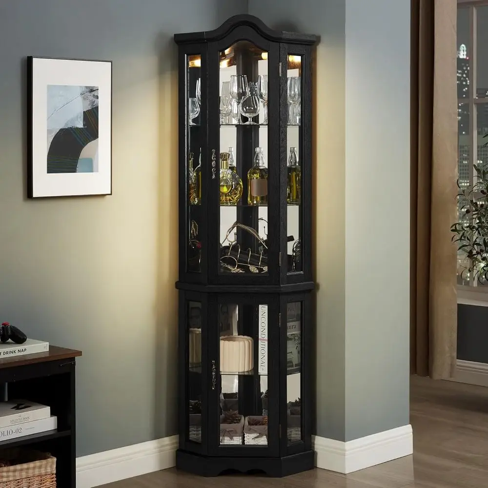 

70 LED-Illuminated Glass Curio Cabinet for Living Room, Antiques, Collectibles, and Bar Glass Storage with Tempered Glass Door