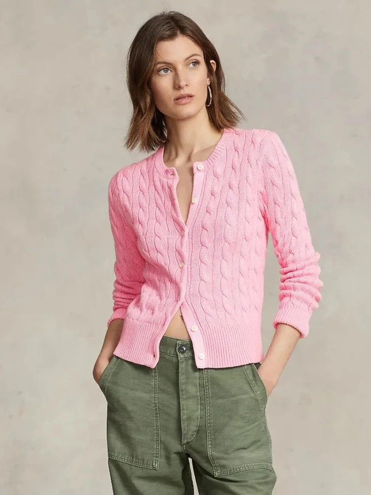 Autumn Winter New Sle Pure Color Twist Knit Sweater Cardigan White Pink Deep Blue Cotton Knitted Top Coat Women's Faion