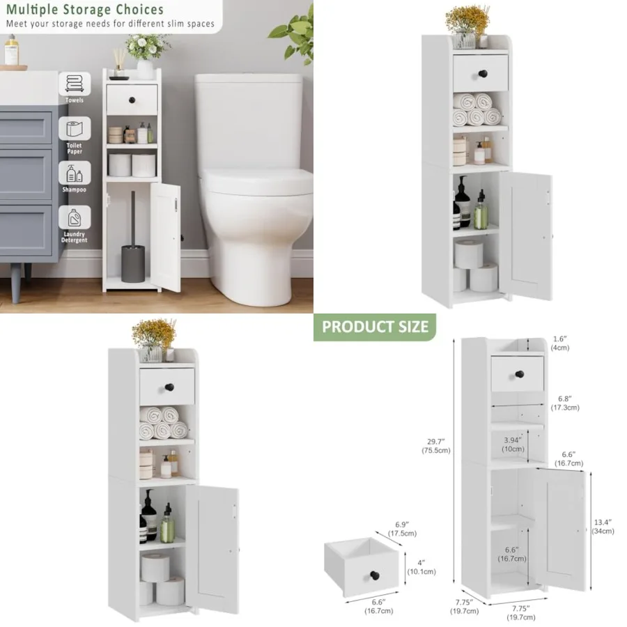 

Small Bathroom Storage Cabinet, Narrow Toilet Paper Holder, Corner Floor Cabinet with Doors and Drawer for Small Space, Adjusta