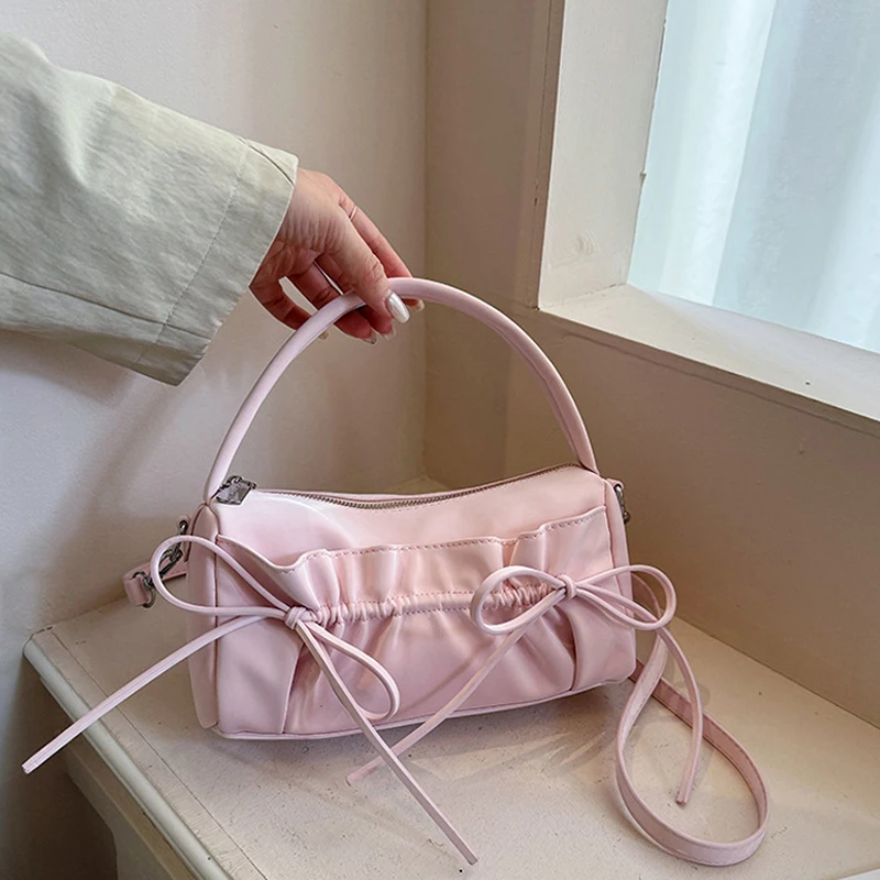 Schicke Umhängetasche mit Schleife und plissiertem Kordelzug, zylindrische Handtasche, Damen-Kissentasche mit abnehmbarem Riemen, Reißverschluss oben – Detail 8
