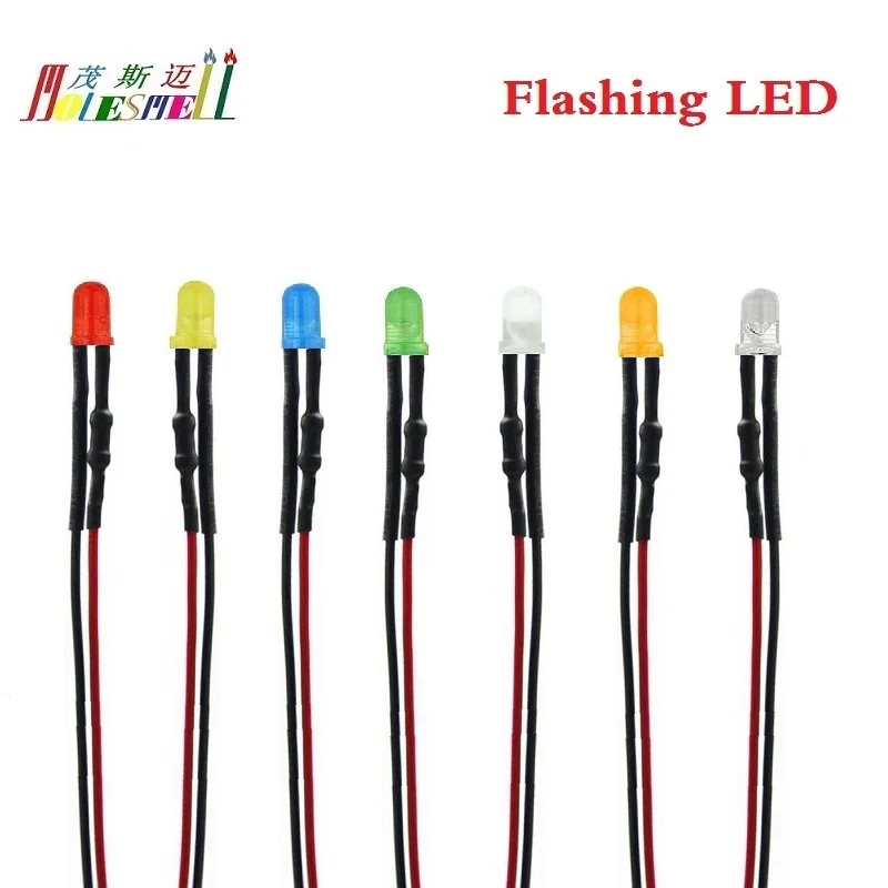 1000pcs 3mm Flashing 5V 6V 7V DC Diffused/Water Clear LED Wired Red Yellow Blue Green White Orange R/G R/B RGB Fast/Slow Flash